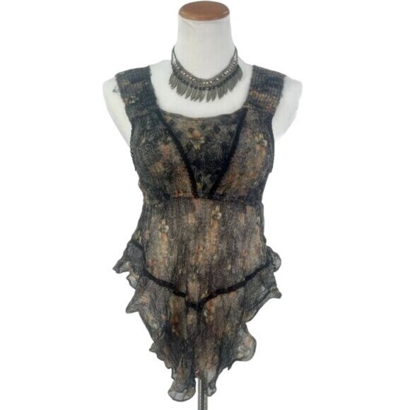 New Romantics X Anthropologie Moody Floral Asymmetrical Sheer Sleeveless Top - Picture 9 of 10